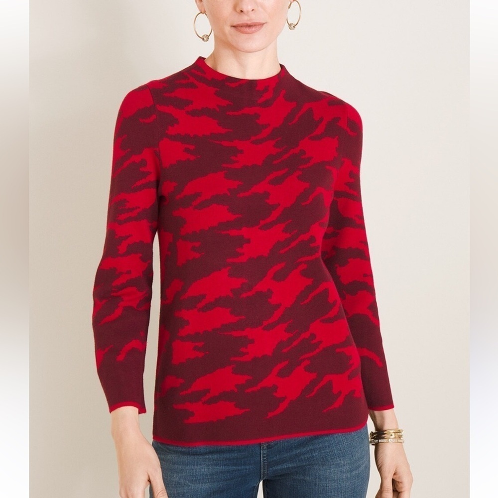 Chico's Zip-Back Mock-Neck Sweater Red Camp Print Size 2 (Large) - Picture 1 of 8